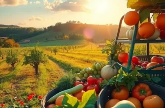 Photorealistic landscape exhibiting a sunlit field filled with organic fruits and vegetables.