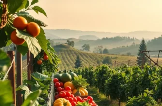 A scenic view of a lush field filled with organic produce under soft, warm lighting.