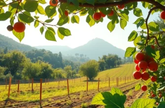 Scene depicting abundant organic fruits and vegetables in a vibrant, sunlit field.