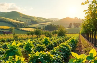 A scenic landscape depicting a sunlit field filled with fresh organic produce and greenery.