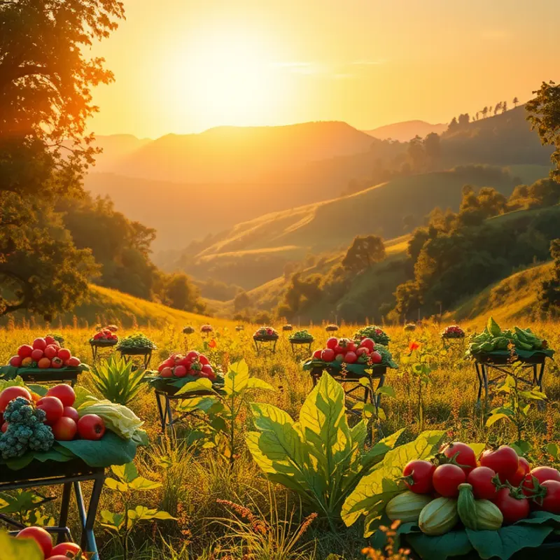 A vibrant, sunlit field filled with organic vegetables and fruits.