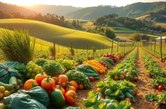 A vibrant landscape of organic vegetables and fruits growing in a lush environment