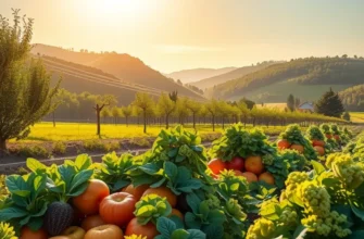 Lush landscape filled with vibrant organic fruits and vegetables in a sunlit field.