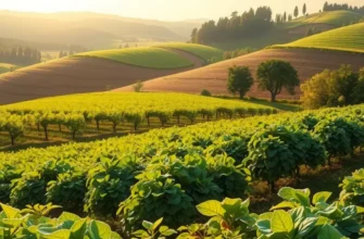 A scenic view of a natural landscape filled with abundant organic fruits and vegetables.