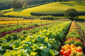 A vibrant landscape of an organic field filled with fresh vegetables and fruits.