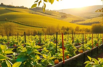 Scenic view of a sunlit field with organic vegetables and fruits, symbolizing eco-friendly dining options.