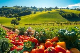 A vibrant, sunlit field filled with organic vegetables and fruits amidst greenery.