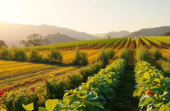 A scenic setting with vibrant organic fruits and vegetables in a sunlit field, depicting the essence of ethical produce choices.