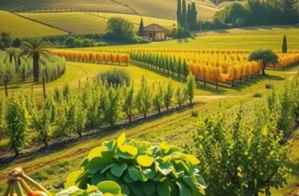 A sunlit landscape rich with organic vegetables and greenery.