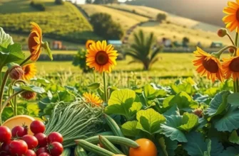 Photorealistic landscape of an orchard showcasing an abundance of organic fruits and vegetables among lush greenery.