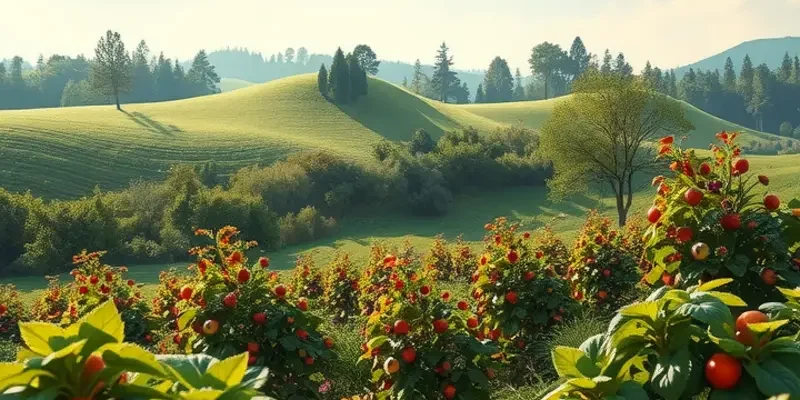 A beautiful sunlit field filled with fresh vegetables and fruits symbolizing fair food trade.