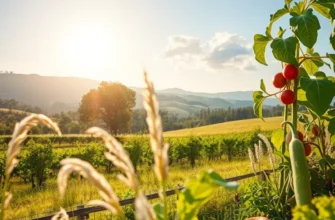 A vibrant sunlit landscape rich with organic fruits and vegetables.