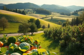 A scenic landscape featuring an orchard filled with vibrant fruits and vegetables that symbolize nutrition.