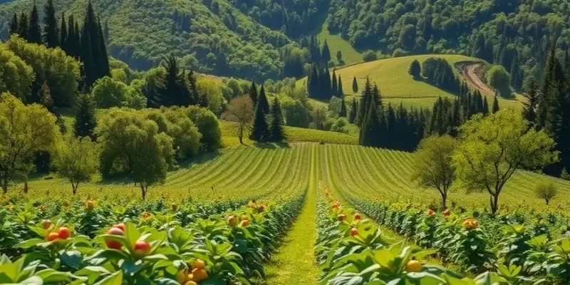 A picturesque field of organic fruits and vegetables, ideal for promoting healthy breakfast choices.