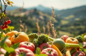 A picturesque landscape featuring a sunlit field abundant in fruits and vegetables, symbolizing the essence of organic eating.