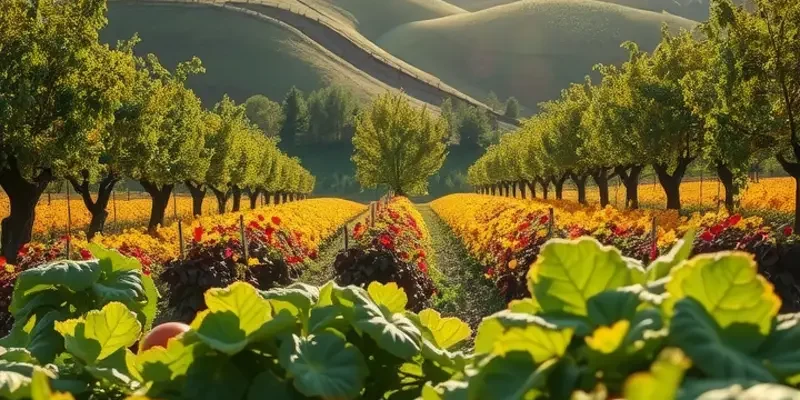 A scenic view of nature filled with fresh vegetables and fruits, highlighting gut health.