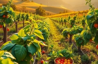 A sunlit field overflowing with organic vegetables and fruits surrounded by greenery.