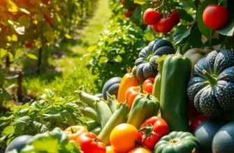 A scenic landscape of an orchard with a variety of colorful fruits and vegetables.