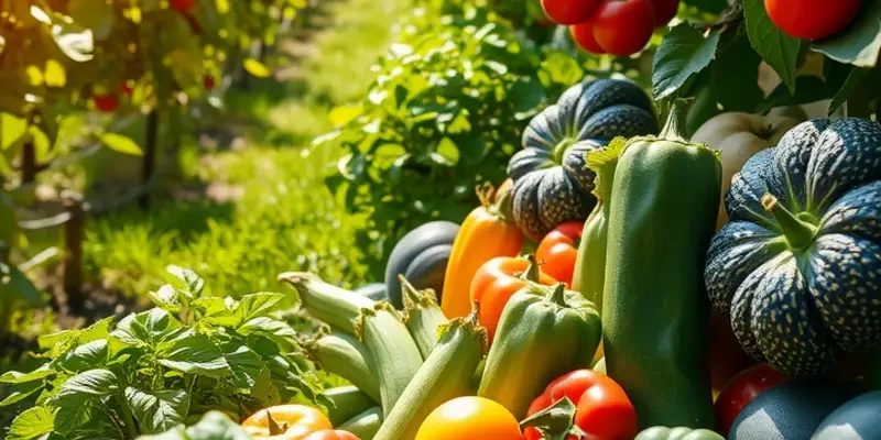 A scenic landscape of an orchard with a variety of colorful fruits and vegetables.