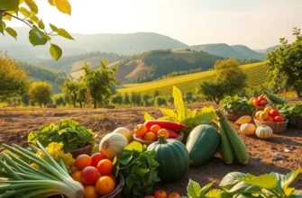 A scenic natural landscape filled with vegetables and fruits, representing healthy protein sources.