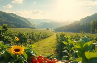 A picturesque sunlit field overflowing with fresh organic produce and lush green surroundings.