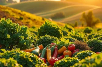 A beautiful field of fresh fruits and vegetables under sunny skies, representing health and freshness.
