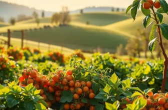 A vibrant sunlit orchard with fresh fruits and vegetables amidst lush greenery.