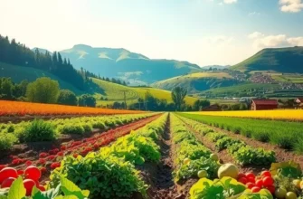 A vibrant field filled with colorful organic produce under warm sunlight.