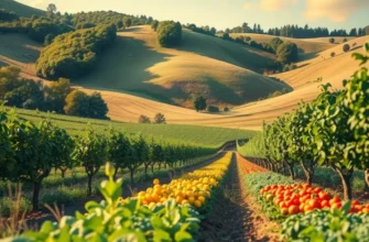 A peaceful landscape featuring a vibrant array of organic fruits and vegetables growing under warm sunlight.