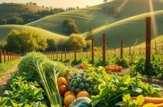 A peaceful sunlit landscape filled with organic produce.