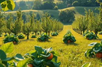 A serene landscape showcasing an abundance of organic fruits and vegetables under soft sunlight.
