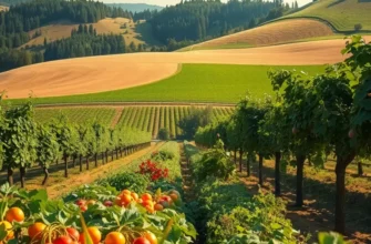 Photorealistic landscape showcasing a sunlit field of vibrant vegetables and fruits with lush greenery.