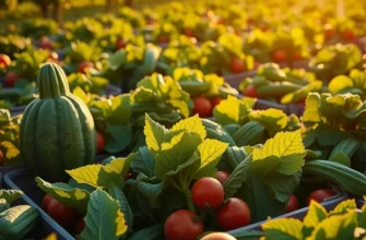 A sunlit orchard filled with vibrant vegetables, promoting the theme of safe food handling.