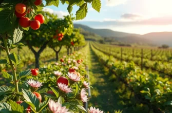 A sunlit field of vibrant fruits and vegetables growing in a lush, organic environment.