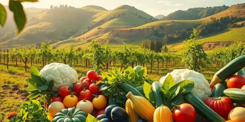 A stunning sunlit field filled with vibrant vegetables and fruits, emphasizing the freshness and abundance of organic produce.