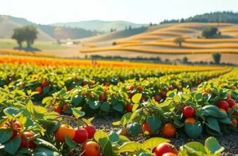 A scenic landscape showing a sunlit field rich in organic vegetables and fruits surrounded by lush greenery.