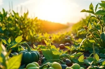 A beautiful, photorealistic landscape of an organic field filled with vegetables and fruits, reflecting mindful nourishment.
