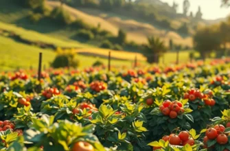A sunny orchard filled with fresh vegetables and fruits in a tranquil setting.