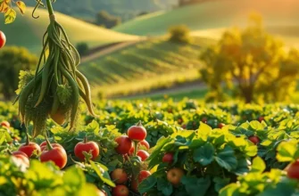A beautiful sunny field teeming with various organic vegetables and fruits, representing planet-positive meal choices.