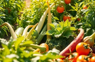 A sunlit scenery featuring vibrant vegetables and fruits surrounded by lush greenery.