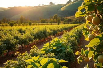 A bright orchard filled with fresh fruits and vegetables under warm sunlight.