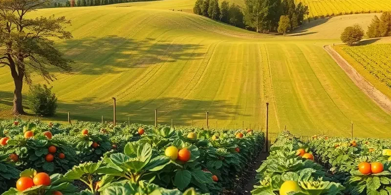 An expansive field showcasing organic vegetables in a lush landscape.