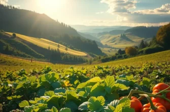 A vibrant field of fruits and vegetables under sunlight, symbolizing the connection between emotional health and mindful eating.