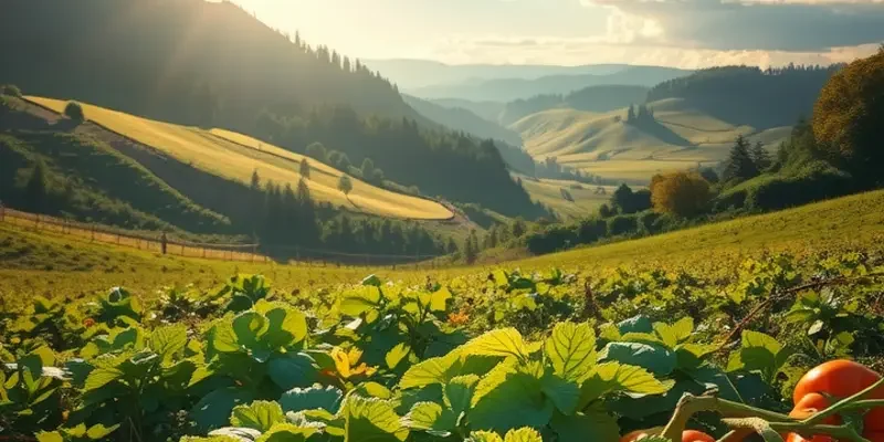 A vibrant field of fruits and vegetables under sunlight, symbolizing the connection between emotional health and mindful eating.