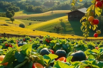 A picturesque scene of an organic field, flourishing with fruits and vegetables, embodying the essence of healthy living.