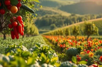 A picturesque landscape filled with an abundance of fresh fruits and vegetables growing in a sunlit field.