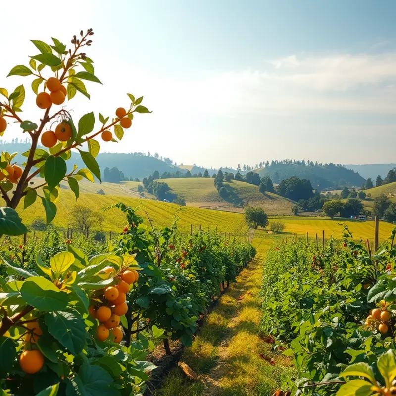 A scenic orchard with vibrant fruits representing the source of flavonoids.