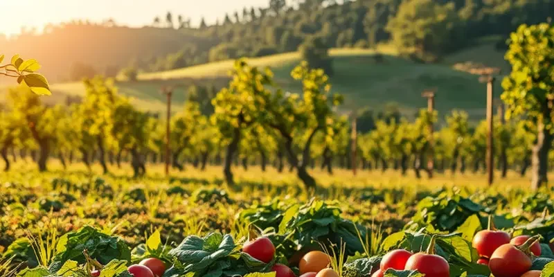 A lush landscape showcasing an orchard of vibrant fruits and vegetables in a serene, natural setting.