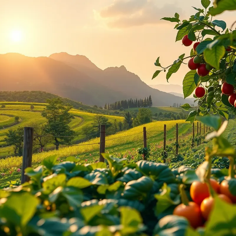 A vibrant orchard abundant with fresh vegetables and fruits under soft sunlight.