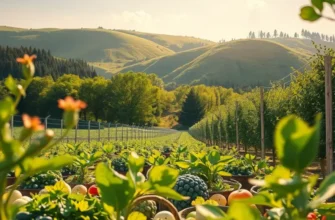 A vibrant sunlit orchard offering a view of bountiful fruits and vegetables.